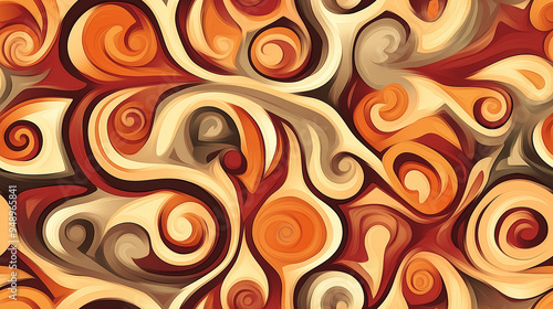 Seamless Kaleidoscope style geometric boho pattern with swirls, in fall autumn cozy colors of orange, red and browns
