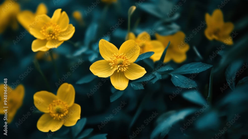 Fototapeta premium A close up of a bunch of yellow flowers with green leaves, AI