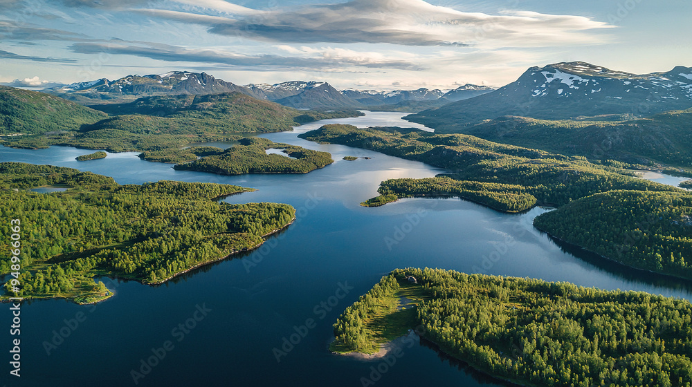 Fototapeta premium An aerial view of a body of water surrounded by lush green trees and snow-capped mountains in the distance