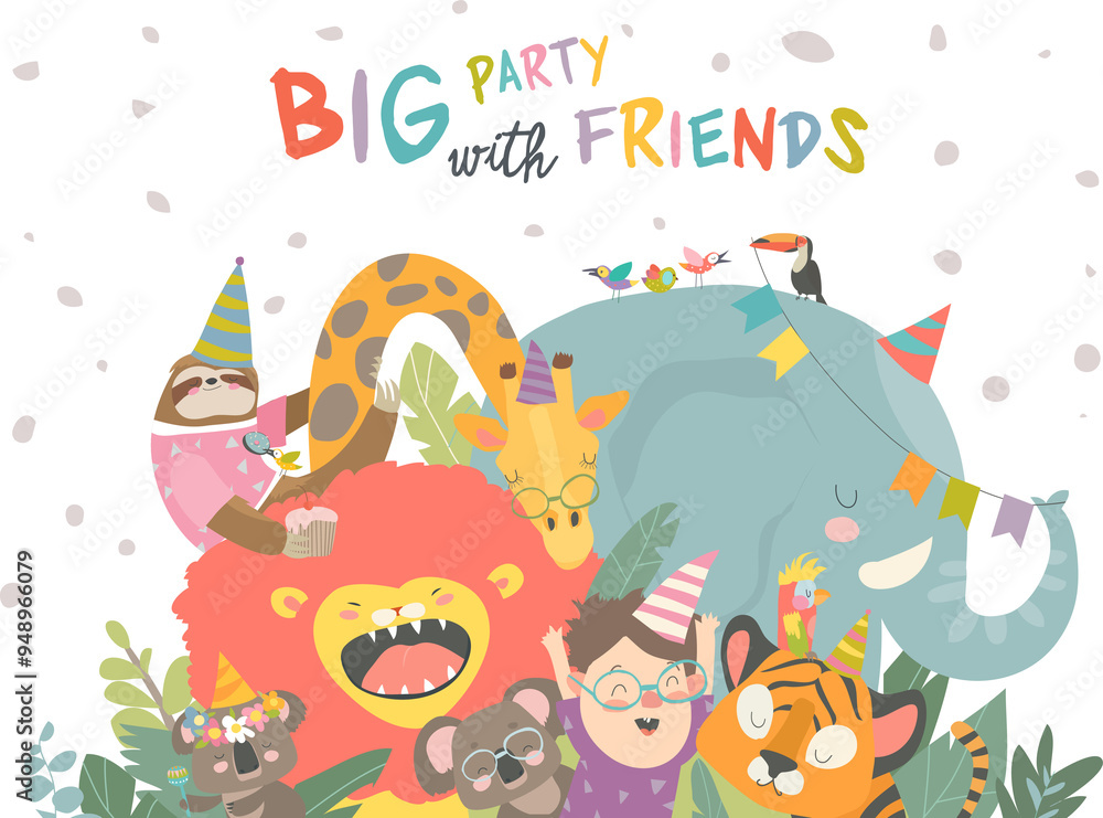 Vector birthday background with happy cartoon animals Vector birthday background with happy cartoon animals
