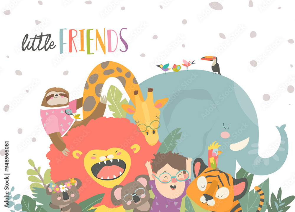 Naklejka premium Little boy with cartoon animal. Happy friends