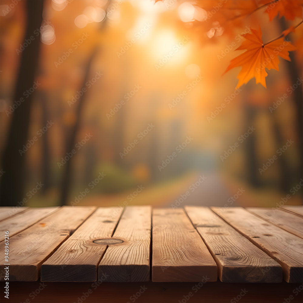 A wooden table is positioned in the foreground of the image, while the background presents a quintessential autumn scene featuring a pathway that traverses a park environment. A wooden table is positioned in the foreground of the image, while the background presents a quintessential autumn scene featuring a pathway that traverses a park environment.