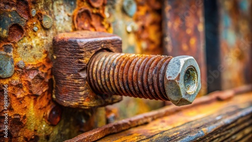 A rusty bolt embedded deep within a weathered metal plate, its threads worn from years of tightened grip, tells a story of industrial strength and decay. photo