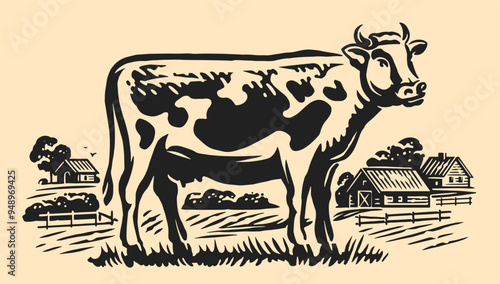 Cows on village meadow. Dairy farm, milk concept. Hand drawn sketch rural landscape with farm animal