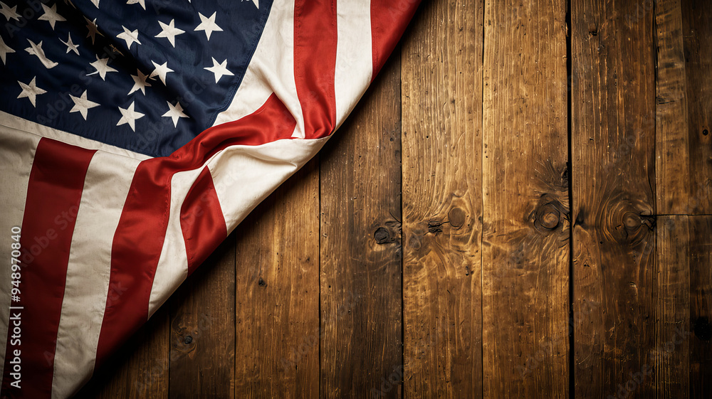 Obraz premium A classic American flag with its iconic stars and stripes is beautifully draped diagonally across rustic wooden planks, providing a patriotic and textured background element
