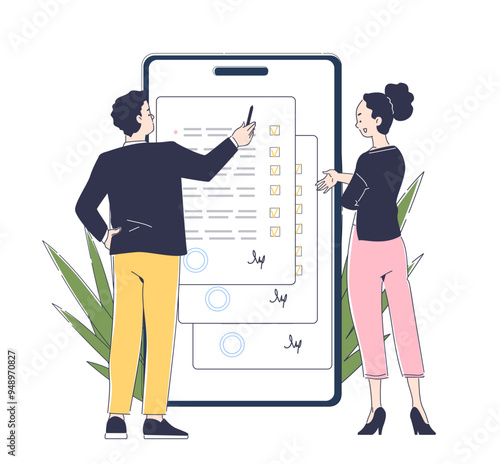 Edocument signing concept. Man and woman signing electronic contract and document. Smartphone with contract and deals, agreements. Linear flat vector illustration isolated on white background