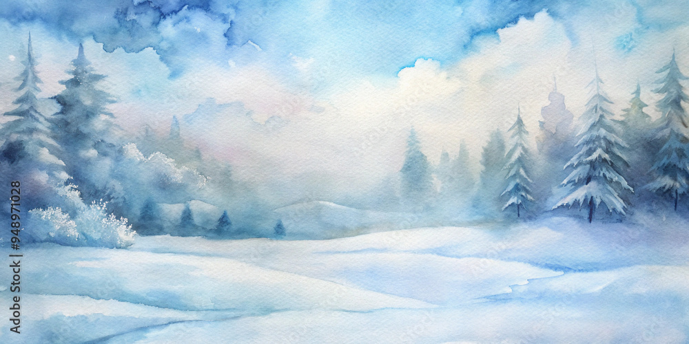 Serene watercolor winter landscape with snow-covered trees and gentle blue hues for peaceful decor Serene watercolor winter landscape with snow-covered trees and gentle blue hues for peaceful decor