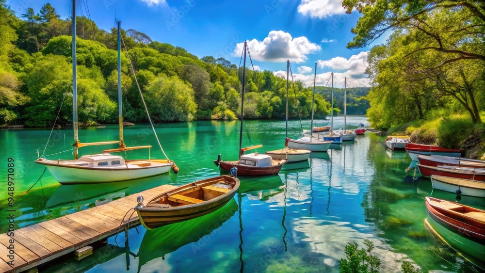 A serene waterfront scene featuring a fleet of small sailing dinghies, moored in calm turquoise waters, surrounded by lush green vegetation and rustic wooden docks. A serene waterfront scene featuring a fleet of small sailing dinghies, moored in calm turquoise waters, surrounded by lush green vegetation and rustic wooden docks.