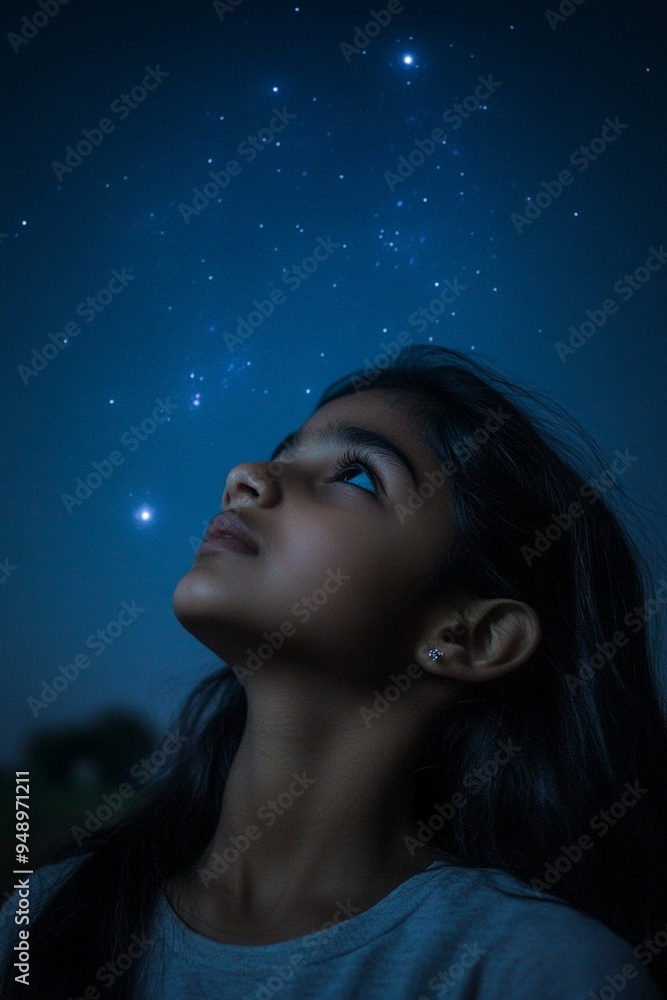 Wonder and Curiosity: Child Gazing at Starry Night Sky Wonder and Curiosity: Child Gazing at Starry Night Sky