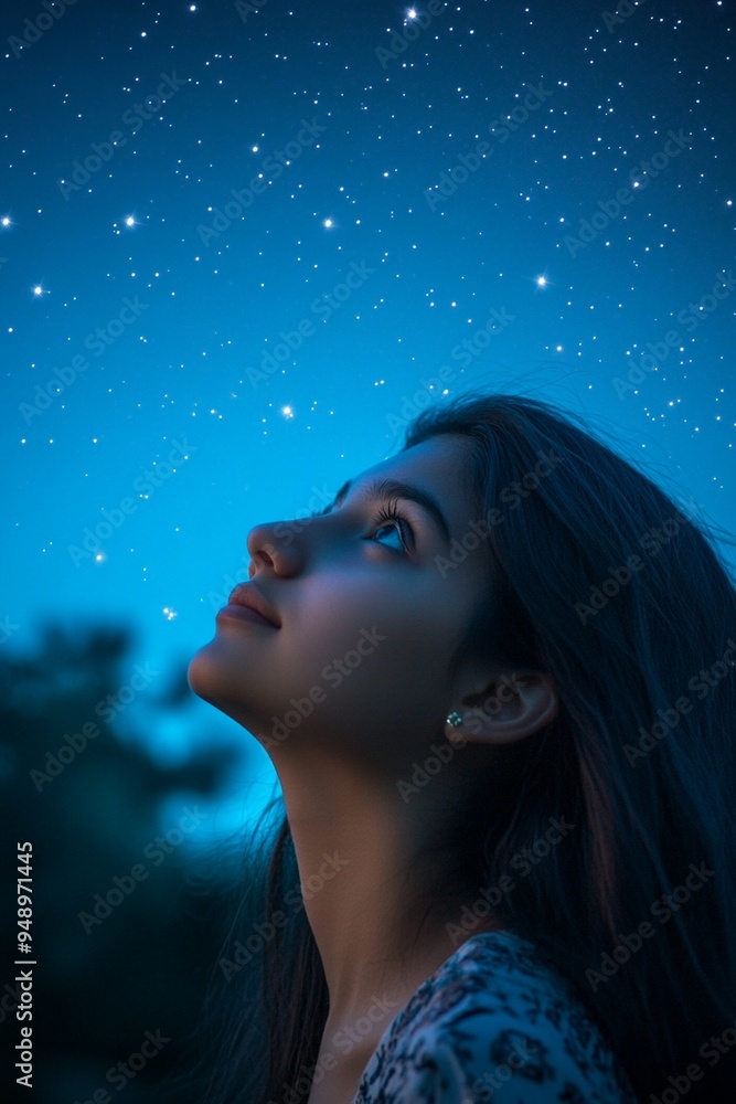 Dreaming Under a Starry Sky: Young Woman Gazing at the Night Stars Dreaming Under a Starry Sky: Young Woman Gazing at the Night Stars