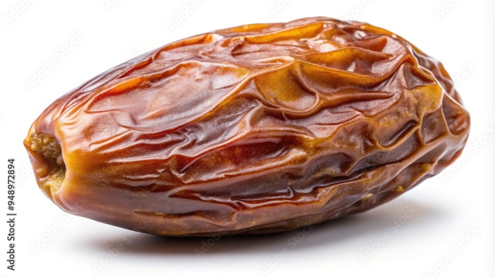 A single, whole dried date, isolated on a white background, showcasing its wrinkled, golden-brown skin, and desiccated, shriveled pit, with subtle shadows. A single, whole dried date, isolated on a white background, showcasing its wrinkled, golden-brown skin, and desiccated, shriveled pit, with subtle shadows.
