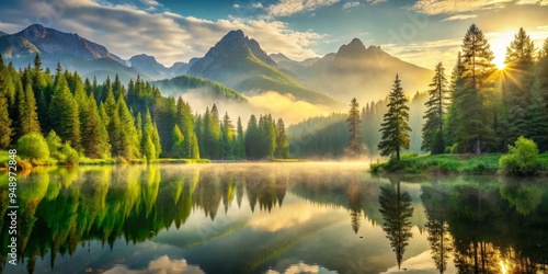 Serene lush forest landscape with vibrant green trees, misty mountains, and tranquil lake refractions under a warm