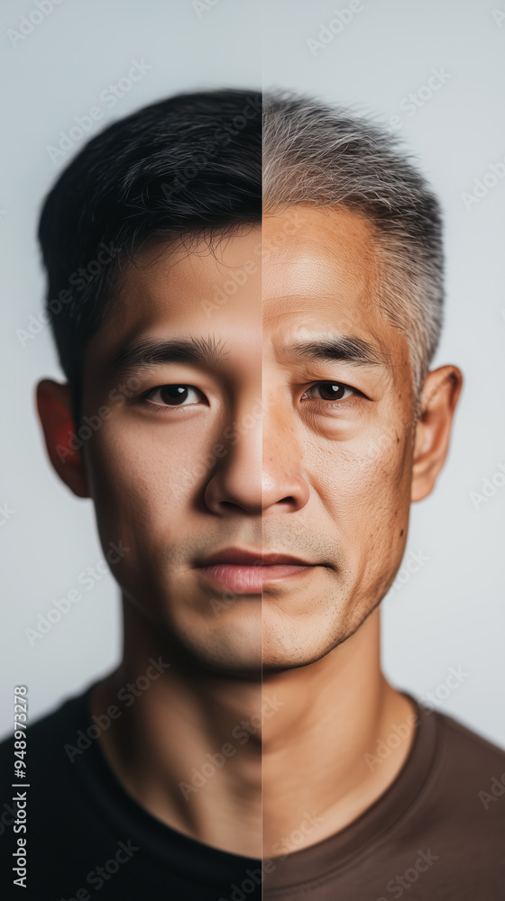 Obraz premium Cinematic portrait of an Asians man's symmetrical face split in two, showcasing youth and age with soft lighting and minimalistic background. 