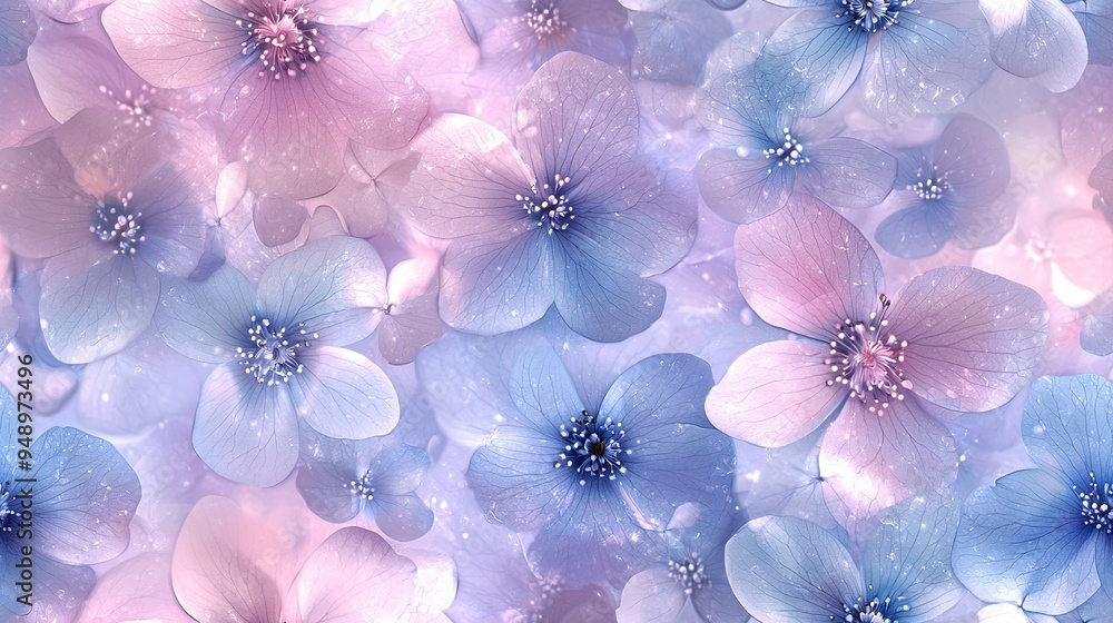 A photo of numerous blue and pink flowers on a pink and blue backdrop, with water droplets on the petals A photo of numerous blue and pink flowers on a pink and blue backdrop, with water droplets on the petals