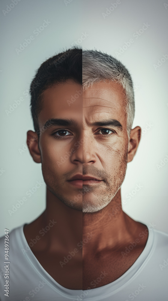 Obraz premium Cinematic portrait of an Brazilian man's symmetrical face split in two, showcasing youth and age with soft lighting and minimalistic background. 