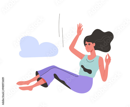 Falling person concept. Woman in sky with clouds. Relaxation and freedom, wellbeing. Young girl with dream and weightlessness. Flat vector illustration isolated on white background