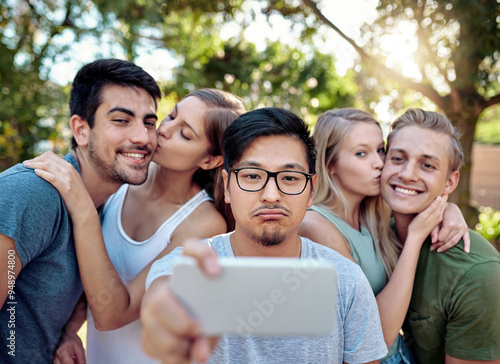 Billede på lærred Selfie, lonely and couple of friends outdoor in nature together for bonding, kissing or profile picture