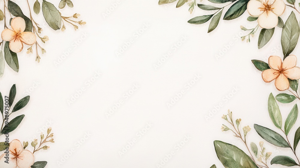 Fototapeta premium A beautiful floral frame featuring delicate leaves and blossoms, perfect for invitations, cards, or decorative backgrounds.