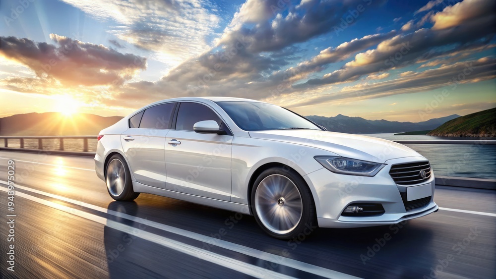A sleek, modern sedan with a gleaming white finish speeds down a highway, its streamlined profile and sporty wheels capturing the essence of speed and freedom. A sleek, modern sedan with a gleaming white finish speeds down a highway, its streamlined profile and sporty wheels capturing the essence of speed and freedom.