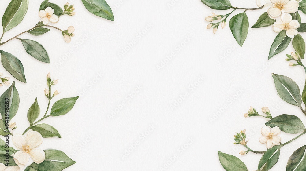Fototapeta premium Elegant floral border with soft white flowers and lush green leaves on a clean background, perfect for invitations or stationery.