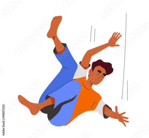 Falling person concept. Man in sky fall down. Relaxation and freedom. Young guy with dream and weightlessness. Hovering and soaring. Flat vector illustration isolated on white background