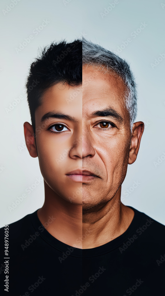 Cinematic portrait of an hispanic man's symmetrical face split in two, showcasing youth and age with soft lighting and minimalistic background.
Cinematic portrait of an hispanic man's symmetrical face split in two, showcasing youth and age with soft lighting and minimalistic background.