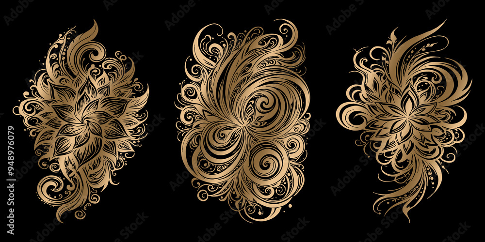 Fototapeta premium Gold pattern on a black background. For use on tattoos, posters, covers, textiles and T-shirt prints.