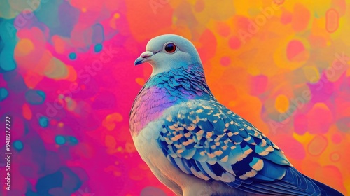Pigeon Animated. Beautiful Spotted Dove in Halloween-Themed Colorful Inverted Nature Background
