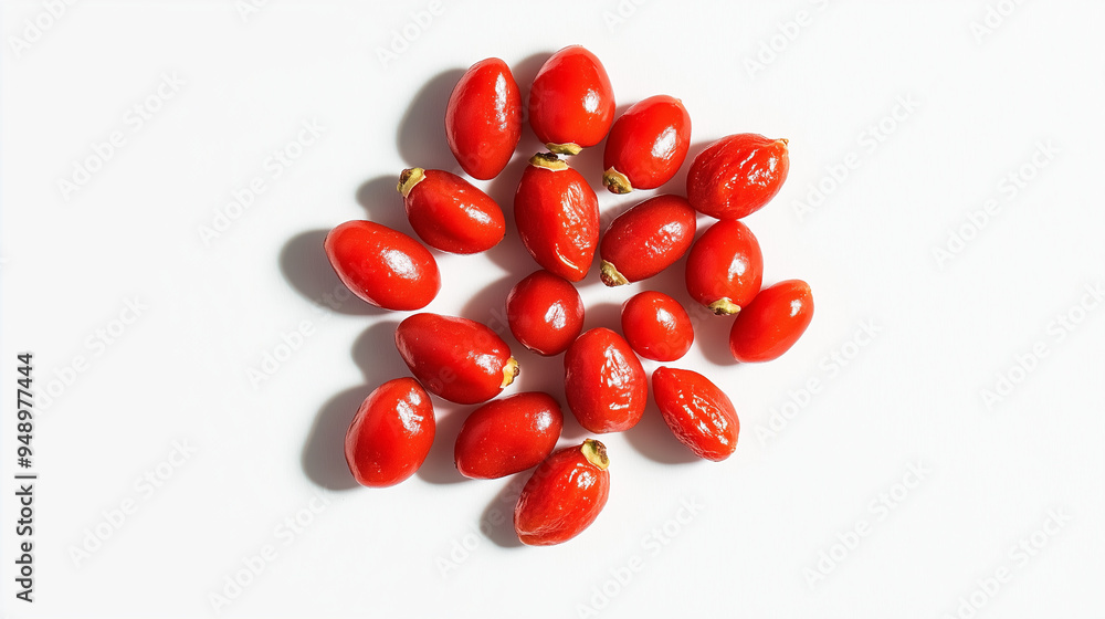 Group of Fresh Red Goji Berries on White Background with Copy Space Group of Fresh Red Goji Berries on White Background with Copy Space