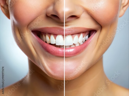 Shining bright smile with sparkling white teeth, contrasting with a before-and-after comparison, highlighting the