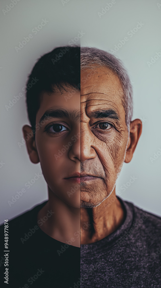 Cinematic portrait of an jew man's symmetrical face split in two, showcasing youth and age with soft lighting and minimalistic background.
Cinematic portrait of an jew man's symmetrical face split in two, showcasing youth and age with soft lighting and minimalistic background.