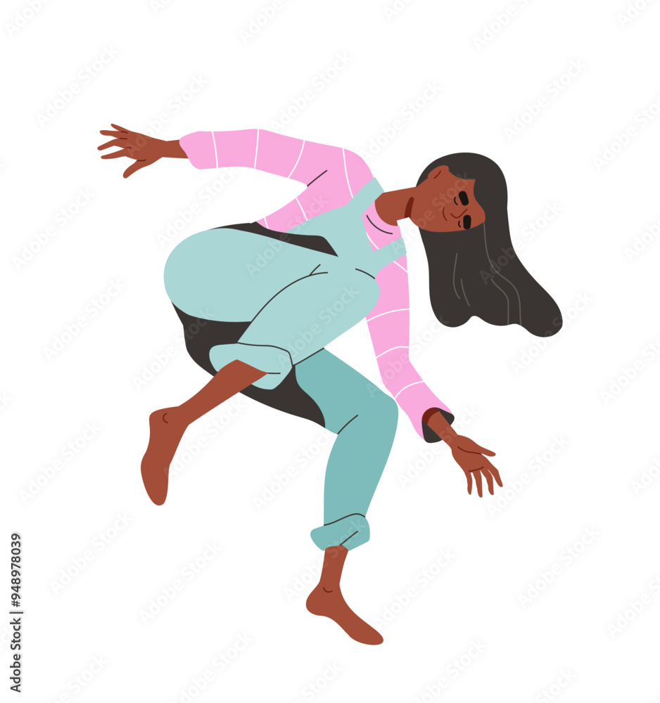 Obraz premium Falling person concept. Woman in sky fall down. Relaxation and freedom. Young girl with dream and imagination. Social media sticker. Flat vector illustration isolated on white background