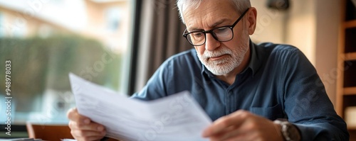 Elderly man with glasses looking at his life insurance policy. Concept of the importance of insurance when planning for retirement