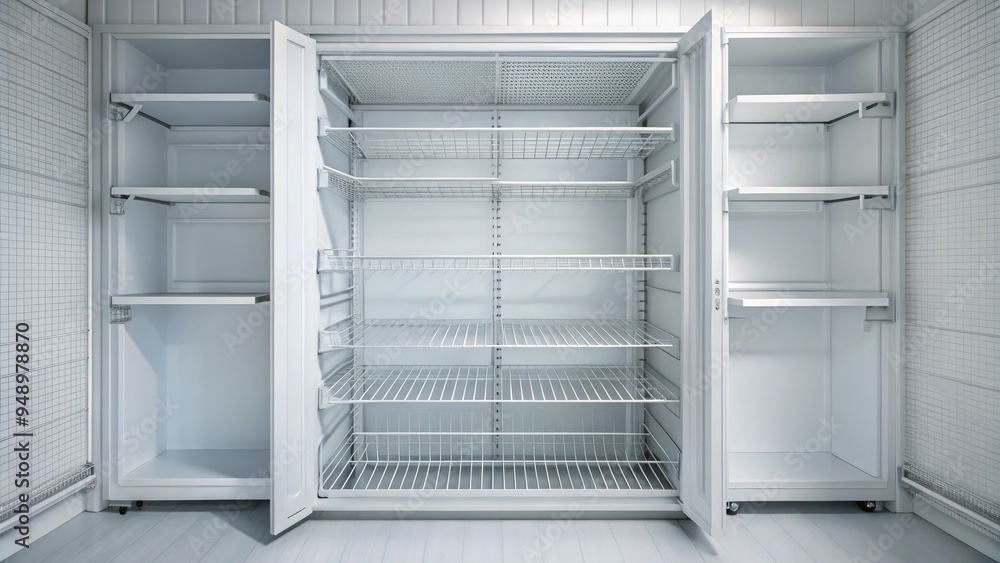 A stark, white refrigerator stands ajar, revealing empty shelves, wire racks, and bare walls, symbolizing scarcity, hunger, or a need for replenishment. A stark, white refrigerator stands ajar, revealing empty shelves, wire racks, and bare walls, symbolizing scarcity, hunger, or a need for replenishment.