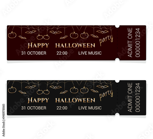 Modern luxury ticket design. Halloween theme set. Halloween party ticket templates. Samhain. All Hallows' Eve. Black and red colors. Template. Halloween tickets. 