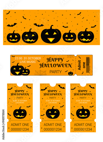 Halloween tickets. Halloween theme set. Halloween party ticket templates, banner. Samhain. All Hallows' Eve. Black and orange colors. Pumpkins with faces. 