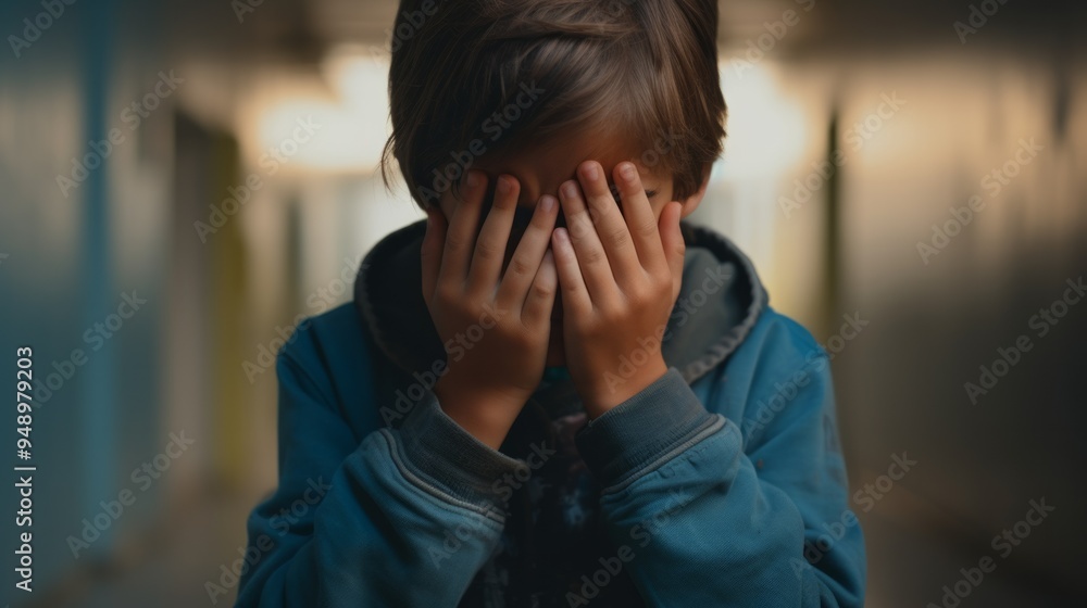 School kid crying in high school corridor hall. Neural network ai generated art School kid crying in high school corridor hall. Neural network ai generated art