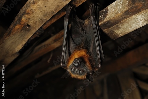 Bat Attic. Lesser Dog-faced Fruit Bat Hanging in Roof in Asia photo