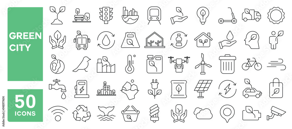 Set of 50 line icons related to green city, renewable energy, zero waste, eco, fresh air, pure water, electric vehicles, recycling, environment, bike, landscape, Editable stroke. Vector illustration Set of 50 line icons related to green city, renewable energy, zero waste, eco, fresh air, pure water, electric vehicles, recycling, environment, bike, landscape, Editable stroke. Vector illustration