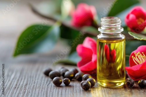 Camellia Seed Oil. Beauty Care Concept with Essential Oil Bottle and Seeds on Wooden Table