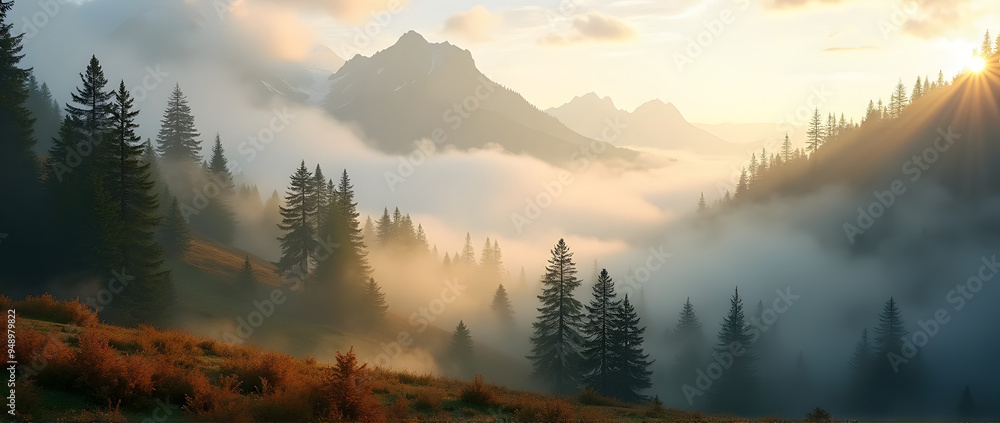 Mystischer Nebel über den Bergen bei Sonnenaufgang Mystischer Nebel über den Bergen bei Sonnenaufgang