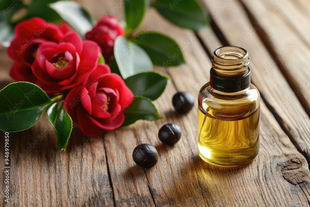 Camellia Seed Oil. Natural Beauty Care with Camellia Essential Oil Bottle and Seeds on Wooden Table Camellia Seed Oil. Natural Beauty Care with Camellia Essential Oil Bottle and Seeds on Wooden Table
