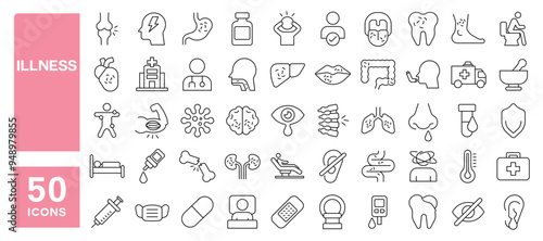 Set of 50 line icons related to illness, diseases, sickness, allergy, pain, organs, virus, heart, eye, stomach, lungs, kidney, brain, bones, Editable stroke. Vector illustration