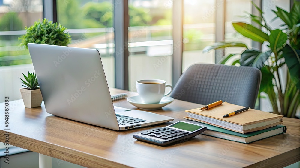 Fototapeta premium A tidy desk with a laptop, calculator, and stacked credit cards, symbolizing responsible financial management, organization, and smart money decisions in a modern workspace setting.