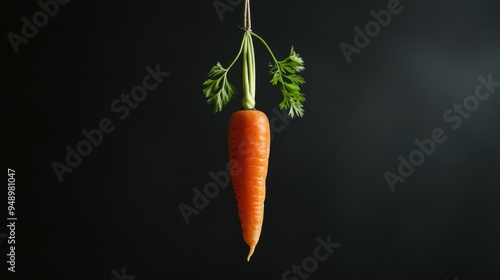 Dangle Carrot. Fresh Ripe Carrot Suspended on Green Stick as Incentive