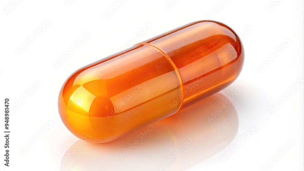 A translucent, elongated soft gel capsule with a subtle sheen, filled with a vibrant orange liquid, resting on a crisp white background, highlighting its delicate form. A translucent, elongated soft gel capsule with a subtle sheen, filled with a vibrant orange liquid, resting on a crisp white background, highlighting its delicate form.