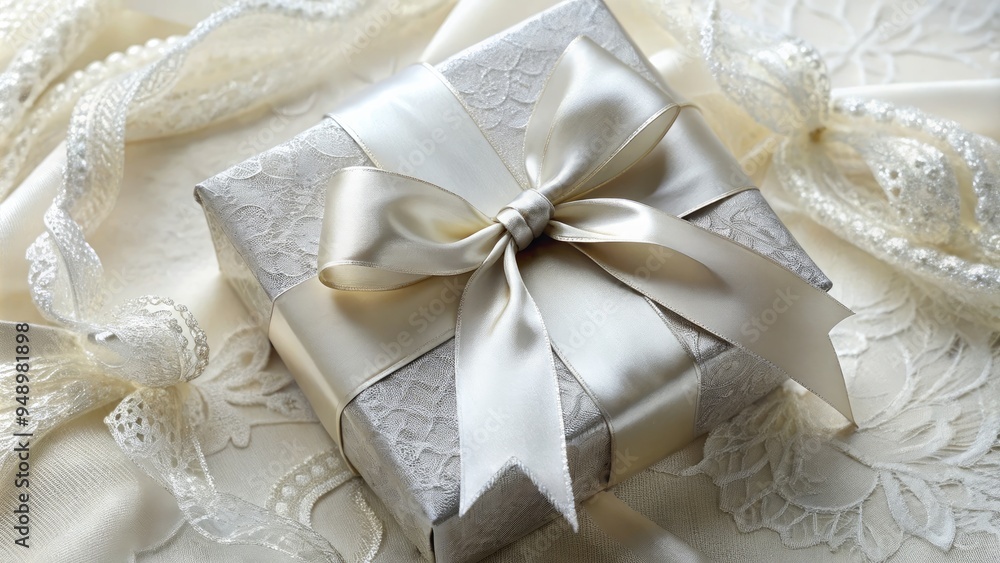 Attractive, ornately wrapped present with a shimmering silver bow and elegant lace trim, viewed from directly above, against a soft, creamy white background. Attractive, ornately wrapped present with a shimmering silver bow and elegant lace trim, viewed from directly above, against a soft, creamy white background.