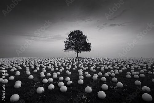 Solitude's Embrace: A lone tree stands sentinel amidst a sea of white spheres, a minimalist landscape in monochrome. 