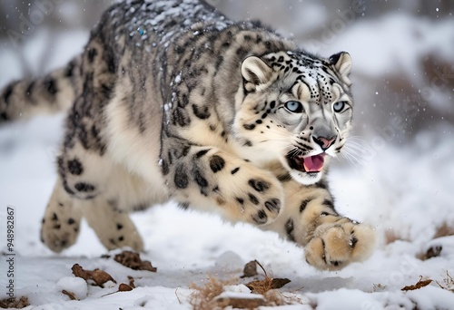 A Dramatic Action Shot Of A Beautiful Snow Leopard Chasing Down Its Prey Across A Snowy Landscape