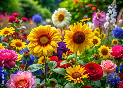 Vibrant blooming flowers of various species, including roses, daisies, and sunflowers, thrive in a lush, colorful